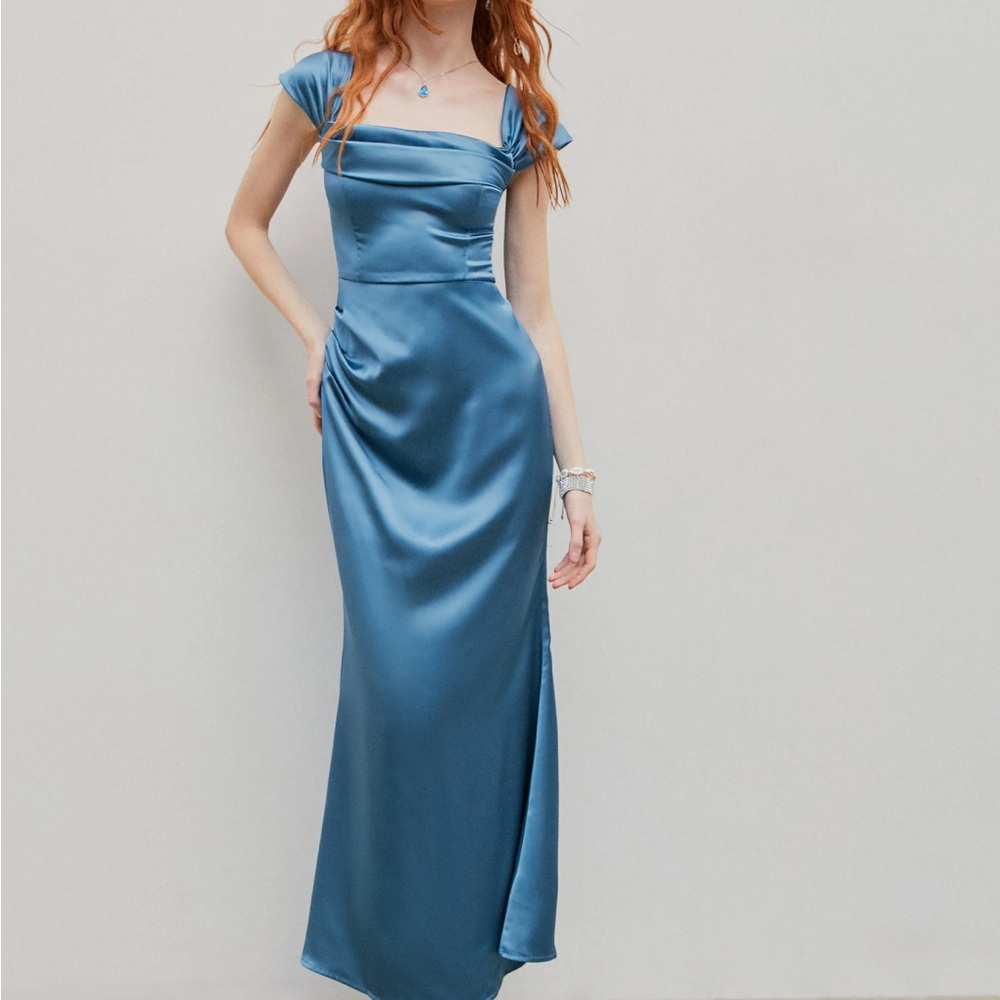 RUCHED OFF-SHOULDER SATIN MAXI DRESS